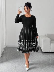 SHEIN Elenzya 大码女式优雅印花长袖毛衣裙 - 黑色 - 查看 5