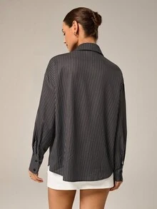 女士时尚休闲通勤风格二合一条纹纽扣落肩长袖衬衫 - 黑色 - 查看 2