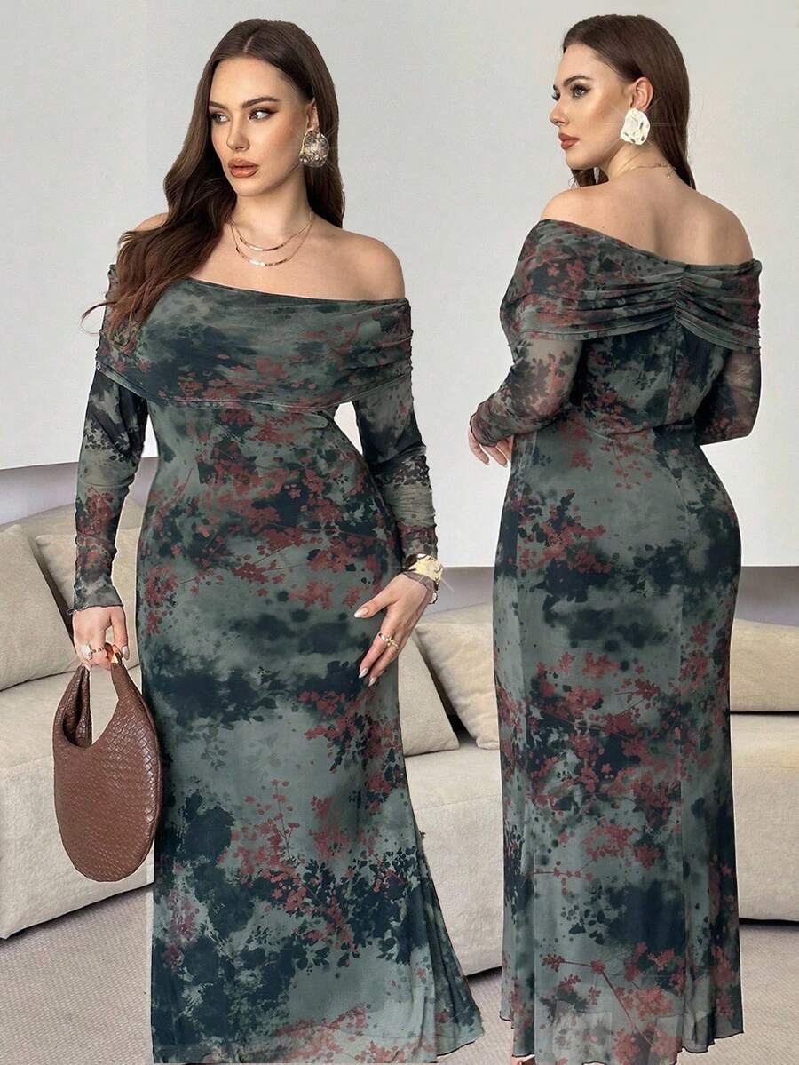 Modelyn Plus Size Women's Mesh Printed Off Shoulder Long Sleeve Elegant Dress - Dark Green - View 1