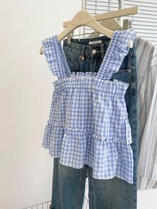 INAWLY 女式荷叶边格子无袖休闲时尚夏季衬衫 - 淺藍色 - 查看 2