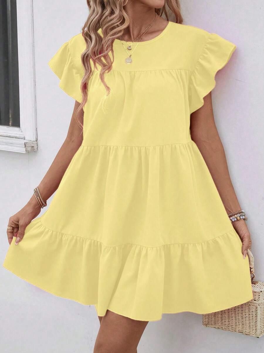 Breezaya 女士夏季纯色圆领宽松娃娃裙配荷叶边装饰度假海滩装 - 淡黃色 - 查看 1