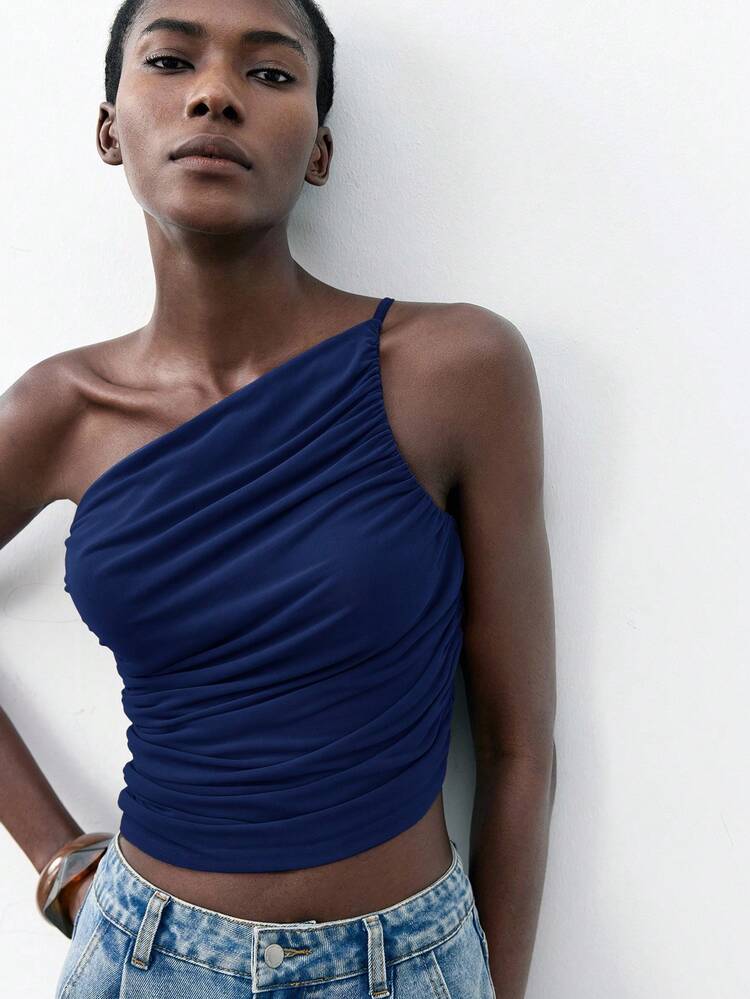 SHEIN Maija Navy Blue Asymmetrical Cut Asymmetric Shoulder Design Ruched Mesh Fabric Women Top, Spring/Summer St Patrick's Day Easter Summer Easter Women Party Top Beach Holiday Beach Vacation Summer Going Out Graduation