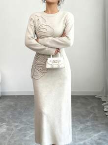 Gloray Women's Solid Color Round Neck Long Sleeve Drop Shoulder Fashionable Knit Sweater Dress