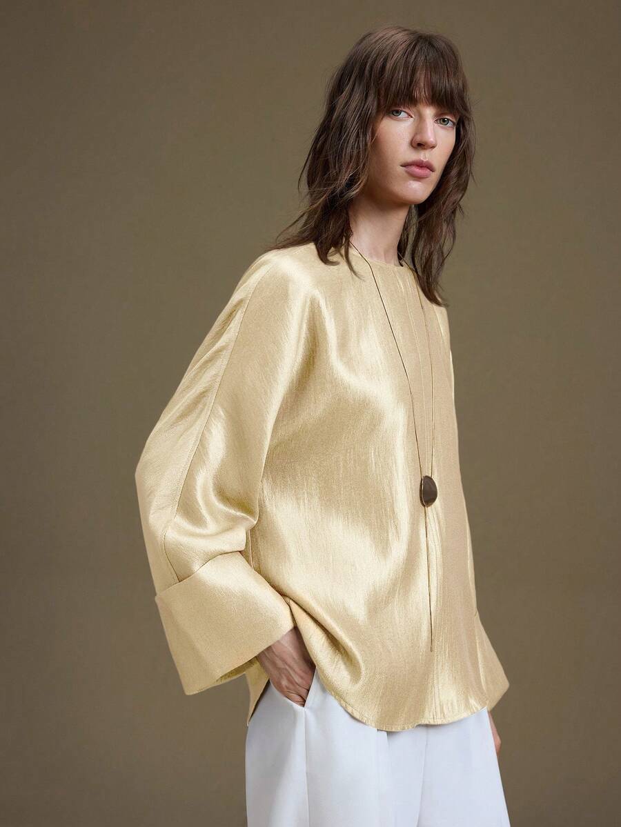 Ontre 女士纯色喇叭袖上衣，都市通勤商务休闲装，办公服饰，教师制服，基础款衬衫，外套，婚礼宾客上衣