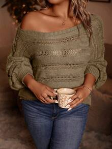 SHEIN LUNE Plus Size Women Casual Hollow Out Long Sleeve Pullover Sweater - Apricot - View 7