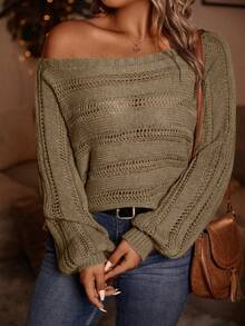 SHEIN LUNE Plus Size Women Casual Hollow Out Long Sleeve Pullover Sweater - Apricot - View 5