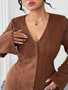 SHEIN Elenzya Plus Size Women's Solid Color Cable Knit V-Neck Cinched Waist A-Line Casual Everyday Dress, Autumn/Winter - Brown - View 4