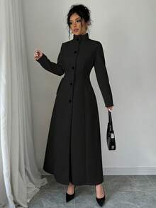 SHEIN Tall 女士时尚优雅单排扣长款高领大衣，冬季 - 黑色 - 查看 4