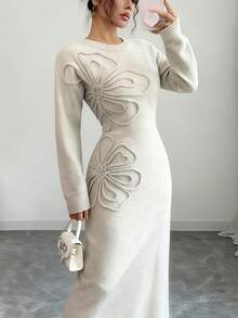 Gloray Women's Solid Color Round Neck Long Sleeve Drop Shoulder Fashionable Knit Sweater Dress