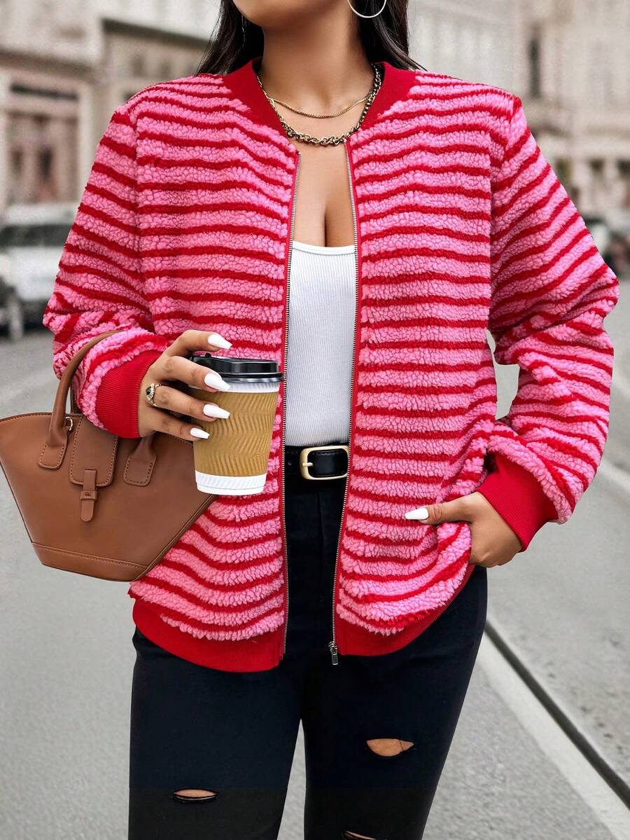 EMERY ROSE Women's Autumn/Winter Dopamine Striped Fuzzy Zip-Up Jacket With Stand Collar - Hot Pink - View 1