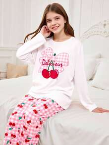 2 件套青少年女孩休闲樱桃蝴蝶结印花白色圆领上衣和宽松粉色格子樱桃图案针织面料柔软舒适家居服套装、长袖和裤子 - 白色 - 查看 4