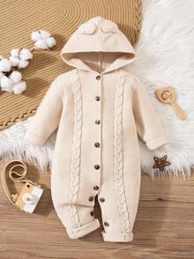 SHEIN Baby Girl Solid Color Cable Front Button Hooded Sweater Jumpsuit - Multicolor - View 1