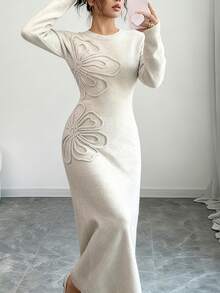 Gloray Women's Solid Color Round Neck Long Sleeve Drop Shoulder Fashionable Knit Sweater Dress