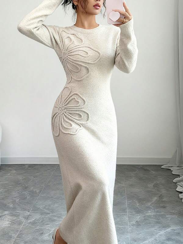 Gloray Women's Solid Color Round Neck Long Sleeve Drop Shoulder Fashionable Knit Sweater Dress