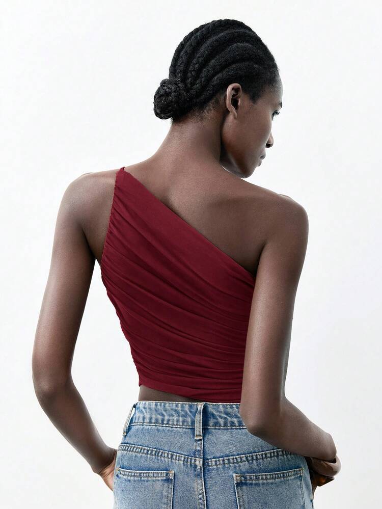 SHEIN Maija New Wine Red Asymmetrical Cut Asymmetric Shoulder Design Ruched Mesh Fabric Women Top, Spring/Summer St Patrick's Day Easter Party Top Beach Summer Holiday Beach Vacation Summer Going Out Graduation