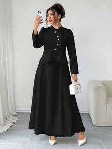SHEIN Elenzya 大尺碼黑色冬季優雅正式晚裝兩件套，高領長袖不對稱金色鈕扣襯衫與傘擺荷葉邊裙 - 黑色 - 查看 1