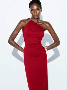 Maija 2025秋冬新款红色斜肩褶饰修身中长连衣裙，现代优雅都市浪漫端庄精致复古风格，适合婚礼嘉宾、生日、万圣节、商务休闲、约会、派对、圣诞节、新年 - 紅色 - 查看 9