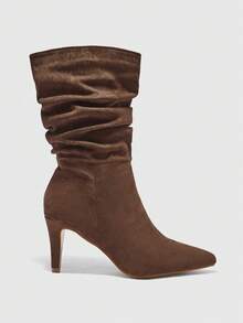CUCCOO BIZCHIC Brown Pointed Toe Slip-On Ruched Suede Mid-Calf Boots, Fashionable High Heels, Comfortable & Versatile For Daily Commute For Christmas - Brown - View 2