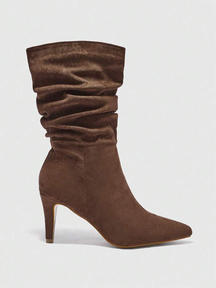 CUCCOO BIZCHIC Brown Pointed Toe Slip-On Ruched Suede Mid-Calf Boots, Fashionable High Heels, Comfortable & Versatile For Daily Commute For Christmas