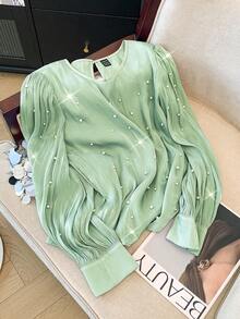 SHEIN Clasi Fashionable Women's French Style Beaded Luxury Blouse Fall Cloth For Women - Mint Green - View 1