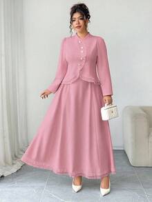 SHEIN Elenzya 大码挺括梭织面料高领长袖不对称弧形开口金色纽扣装饰收腰A字下摆荷叶边修身衬衫 + 收腰伞裙荷叶边半裙，优雅适合外出、通勤、聚会、约会等场合，两件套 - 藕粉色 - 查看 3