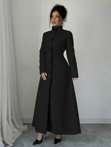 SHEIN Tall 女士时尚优雅单排扣长款高领大衣，冬季 - 黑色 - 查看 3