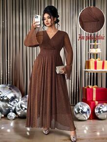 Elenzga Váy maxi dự tiệc thanh lịch, tay loe, cổ chữ V xếp ly kim loại cỡ lớn dành cho nữ, thu/đông - màu nâu - Xem 1