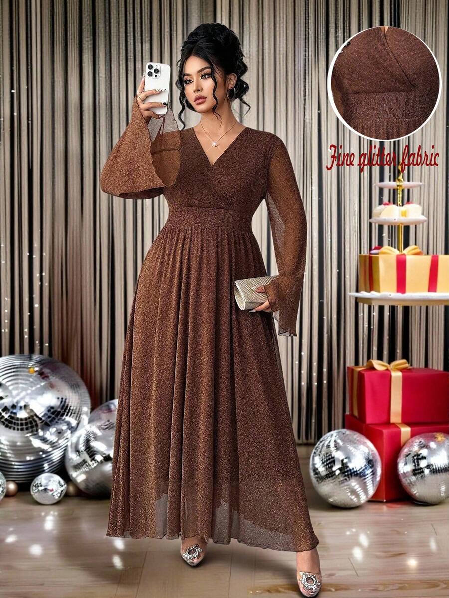 Elenzga Váy maxi dự tiệc thanh lịch, tay loe, cổ chữ V xếp ly kim loại cỡ lớn dành cho nữ, thu/đông - màu nâu - Xem 1