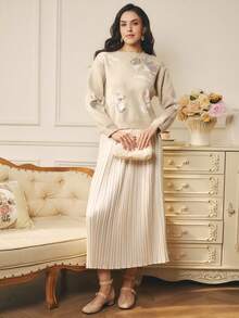 Omancia 女士时尚休闲圆领花卉和叶子提花亮片串珠套头衫，圣诞节、新年、感恩节礼物 - 卡其色 - 查看 7