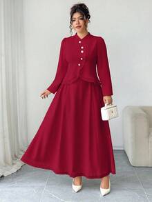 SHEIN Elenzya Áo sơ mi dáng ôm, cổ cao, tay dài, vải dệt kim dệt kim cỡ lớn, tay dài, cổ bẻ, cài nút vàng, eo bo, viền chữ A, viền bèo nhún, váy xòe, thanh lịch khi đi chơi, đi làm, tụ tập, hẹn hò, bộ 2 món - Đỏ - Xem 6