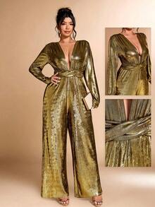 Cravure Christmas Plus Size Women Deep V-Neck Long Sleeve Pleated Sexy Wide Leg Metallic Jumpsuit