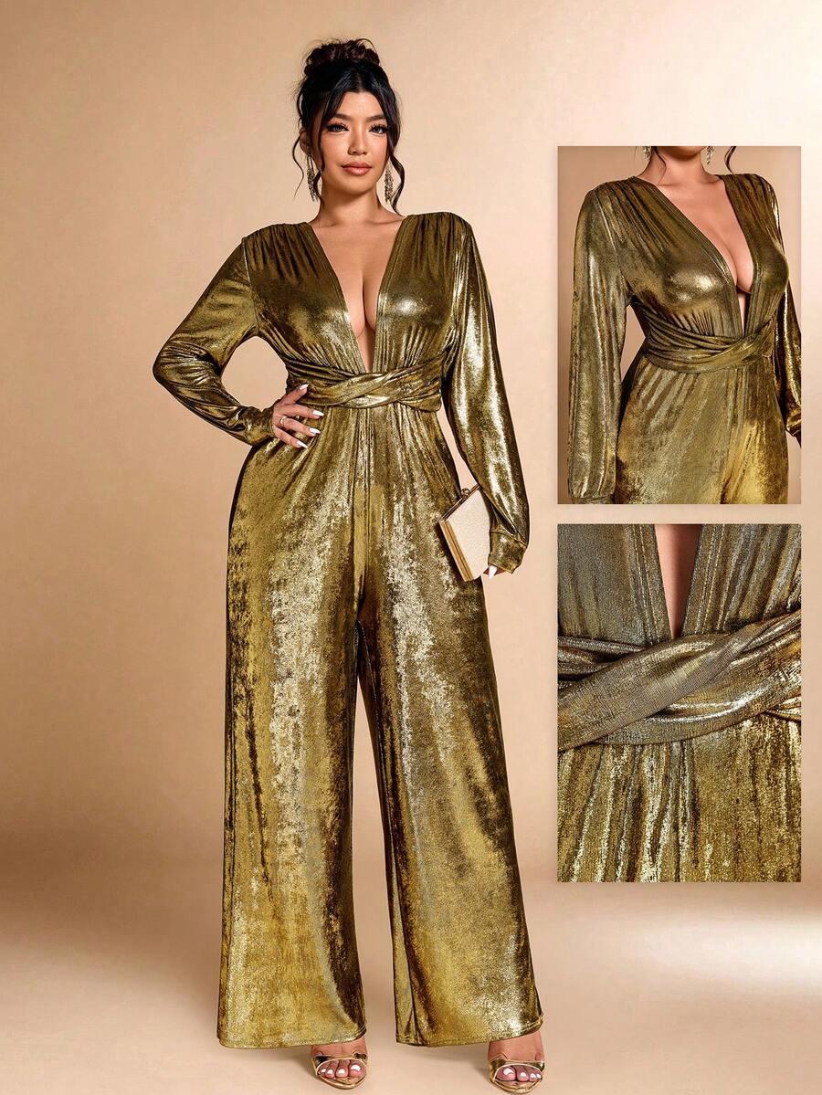 Cravure Christmas Plus Size Women Deep V-Neck Long Sleeve Pleated Sexy Wide Leg Metallic Jumpsuit