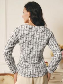 Omancia Women's Elegant White Plaid Tweed Jacket, Fitted Silhouette, Suitable For Halloween, Christmas, New Year, Thanksgiving, Autumn/Winter - White - View 2