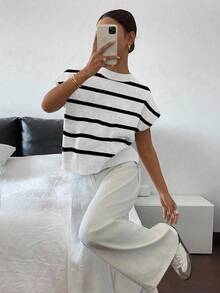 Siren Gaze 秋冬女式法式休闲条纹短袖针织上衣 - 彩色 - 查看 4