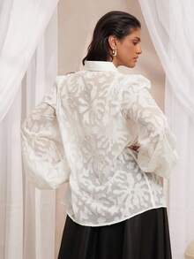 VOLUPTÉ CURVE Plus Size Spring Summer Solid Chiffon Jacquard Puff Sleeve Cinched Waist Mid Sleeve Floral Texture Button Placket French Commute Blouse For Commute, Office, Date Night, Brunch And Party - White - View 1
