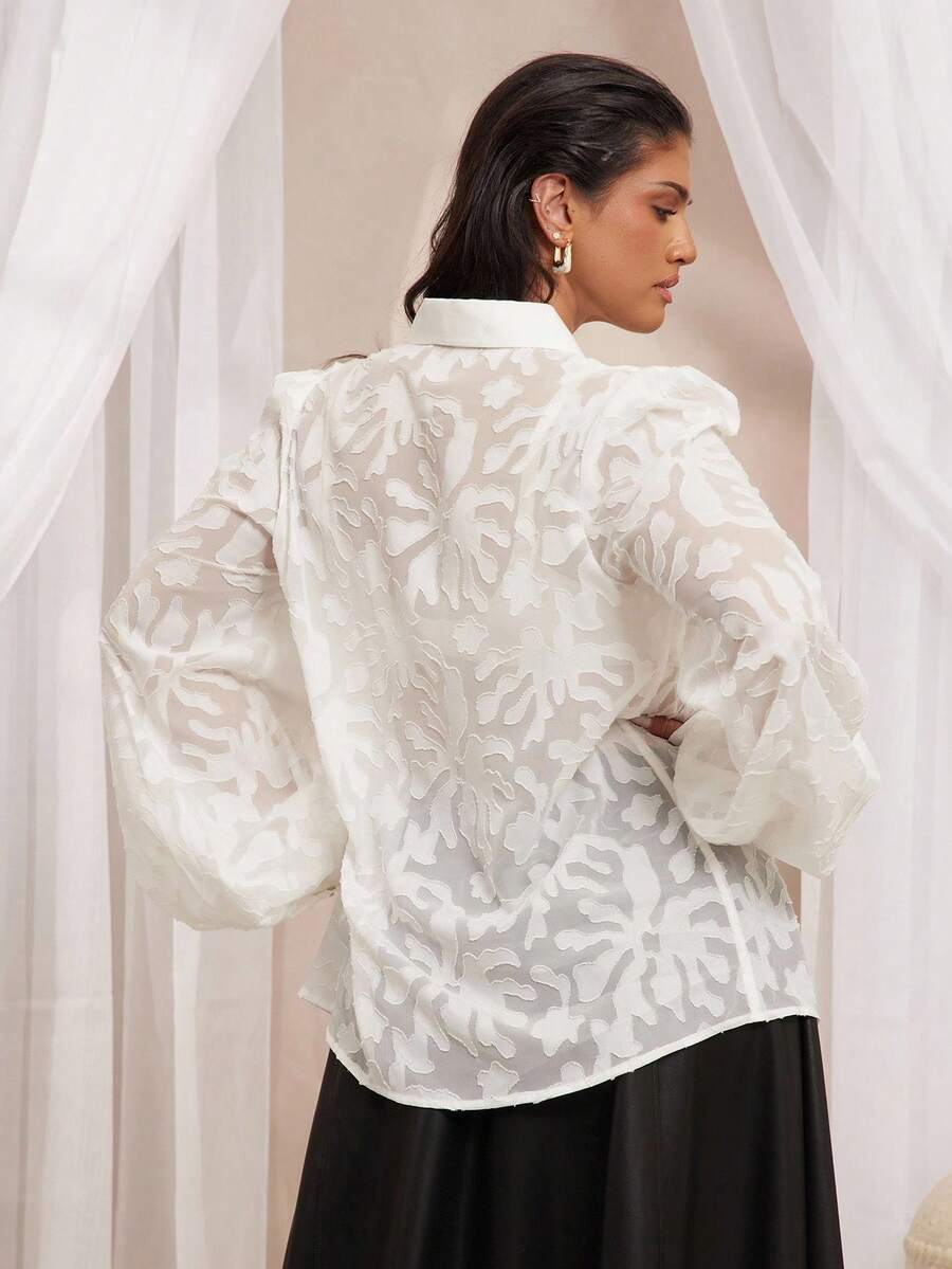 VOLUPTÉ CURVE Plus Size Spring Summer Solid Chiffon Jacquard Puff Sleeve Cinched Waist Mid Sleeve Floral Texture Button Placket French Commute Blouse For Commute, Office, Date Night, Brunch And Party - White - View 1