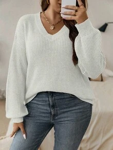 SHEIN LUNE 大码女式休闲纯色落肩长袖V领套头毛衣 - 米色 - 查看 7