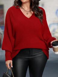 EMERY ROSE Christmas Plus Size Women's Solid Color V-Neck Long Sleeve Pullover Sweater