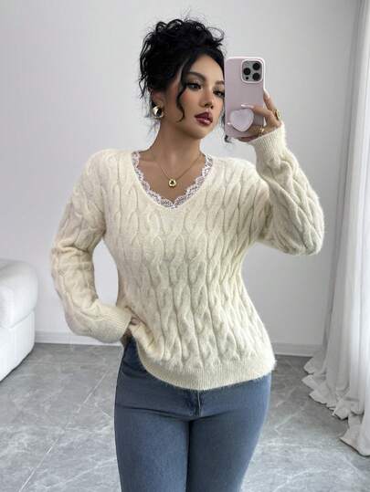 Elenzga Dam V-ringad spets, lapptäcke, normal passform, lös, mjuk, bekväm, normal, elegant, stickad långärmad tröja, höst/vinter