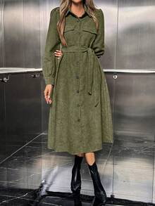 SHEIN ChicEase 1 件女士休闲单排扣腰带长袖连衣裙 - 綠色 - 查看 4