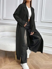 SHEIN PETITE Áo khoác dáng dài tay hai hàng cúc màu đen, kiểu dáng thanh lịch, phong cách Pháp cổ điển pha lẫn Mỹ, có túi, phối màu đồng bộ, thích hợp cho mùa thu và năm mới. - màu đen - Xem 4