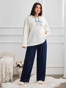 EURMUSE Contrast Drawstring Lounge Set – Cozy Long Sleeve Hoodie & Relaxed Fit Pants, Minimalist Two Pieces Loungewear - Navy Blue - View 3