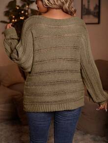 SHEIN LUNE Plus Size Women Casual Hollow Out Long Sleeve Pullover Sweater - Apricot - View 2