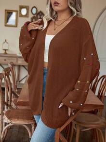 SHEIN LUNE Cárdigan casual holgado de punto acanalado con mangas farol para mujer de talla grande - Café integral - Ver 5