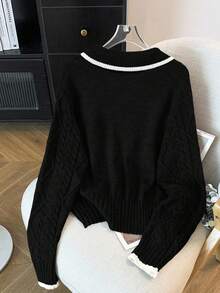GlowEve CURVE Große Größen eleganter luxuriöser grauer Strickpullover mit Peter-Pan-Kragen, Schleife und Langarm, dick