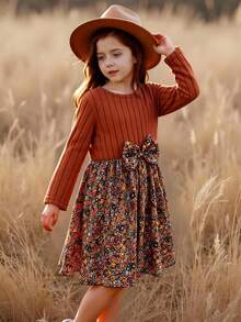 Emery Rose Kids Emery Rose Kids 年轻女孩罗纹修身拼布碎花圆领长袖修身休闲蛋糕 A 字连衣裙，秋冬新品，日常穿着，学校，秋冬 - 棕色 - 查看 7