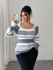 Elenzga Suéter ajustado de cuello redondo, manga raglán y bloque de color, informal, talla grande, otoño/invierno - Blanco - Ver 6