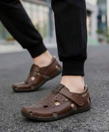 Sandalia de hombre cosido a mano punta cerrada suela cómoda estilo casual transpirable verano exterior - Marrón - Ver 3