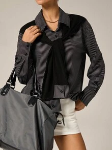 女士时尚休闲通勤风格二合一条纹纽扣落肩长袖衬衫 - 黑色 - 查看 5