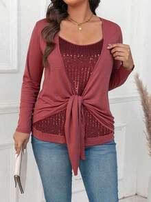 SHEIN Clasi Plus Size Front Tie Long Sleeve Casual Simple T-Shirt, Everyday Wear For Spring - Burgundy - View 5